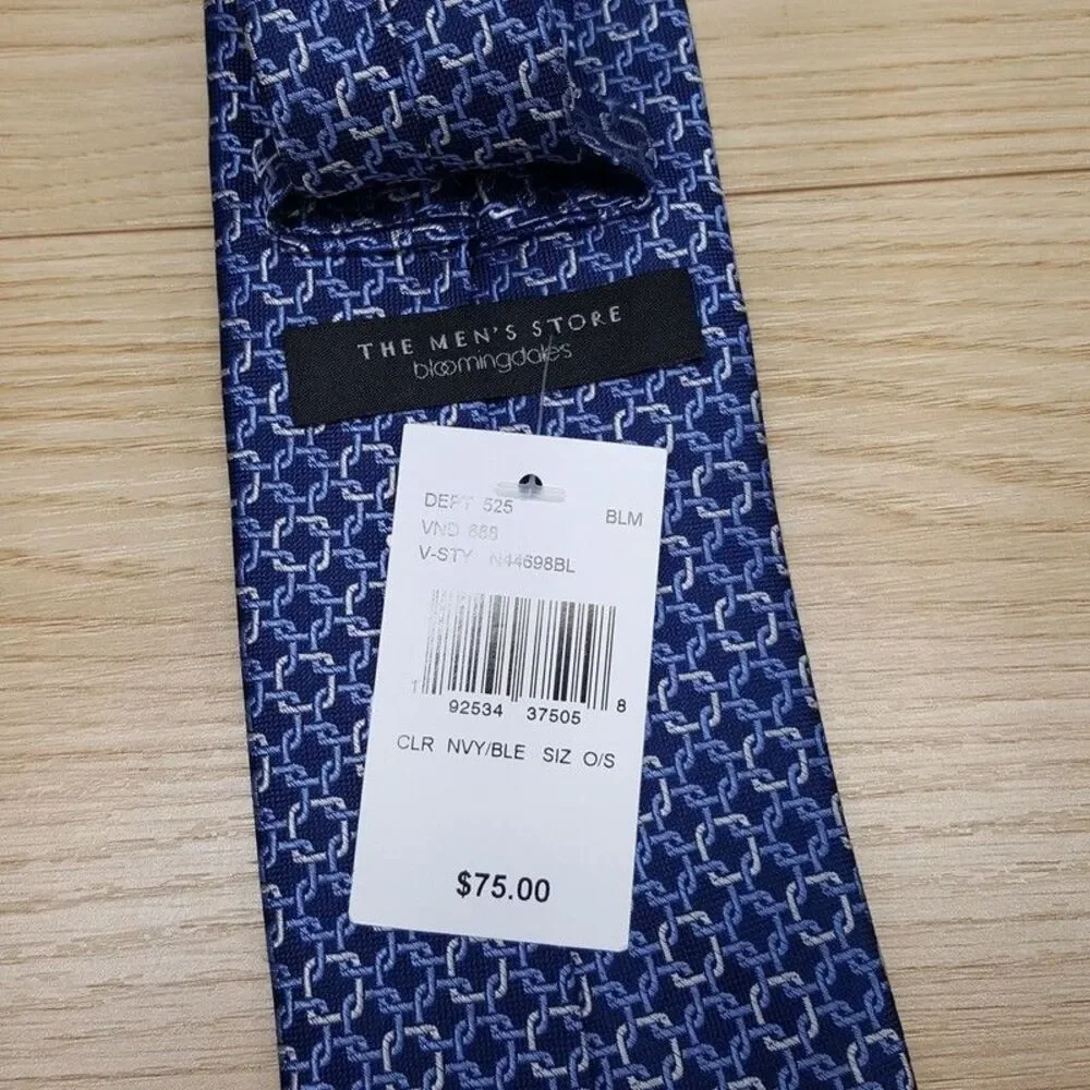 BLOOMINGDALES MENS STORE Neck Tie Blue Geo Square Link 100% Silk Classic Necktie